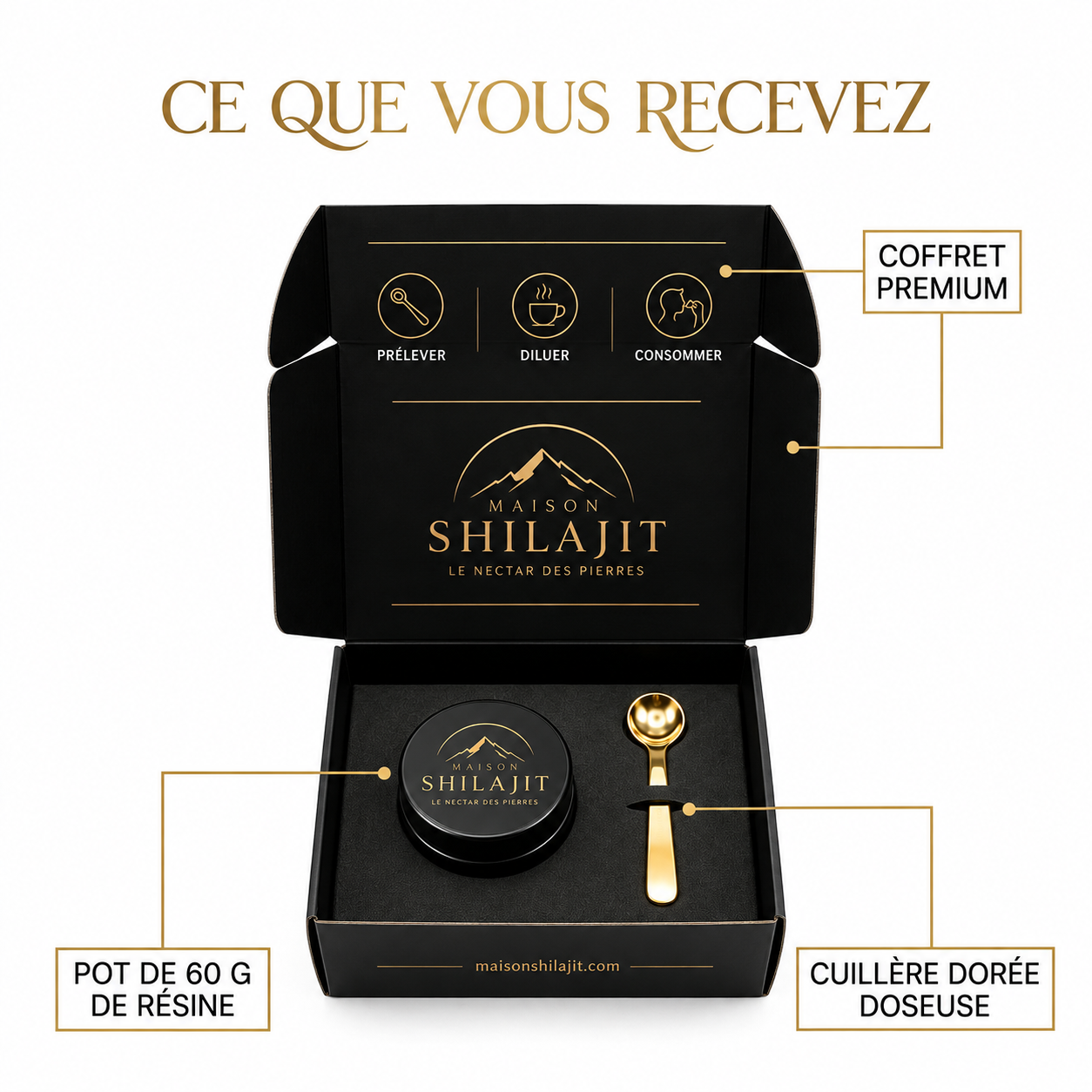Coffret Maison Shilajit : pot de résine 60 g et cuillère doseuse dorée