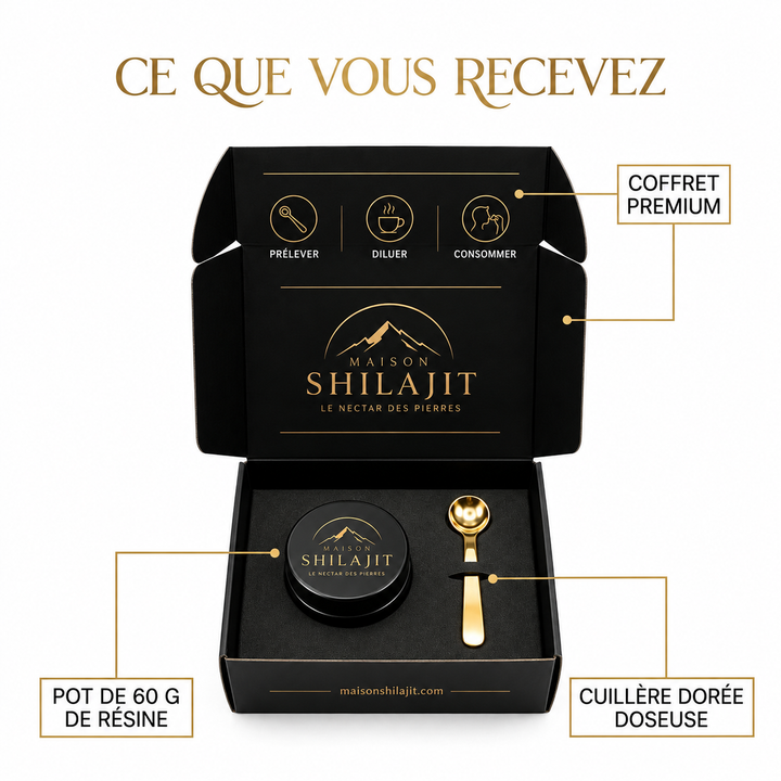 Coffret Maison Shilajit : pot de résine 60 g et cuillère doseuse dorée