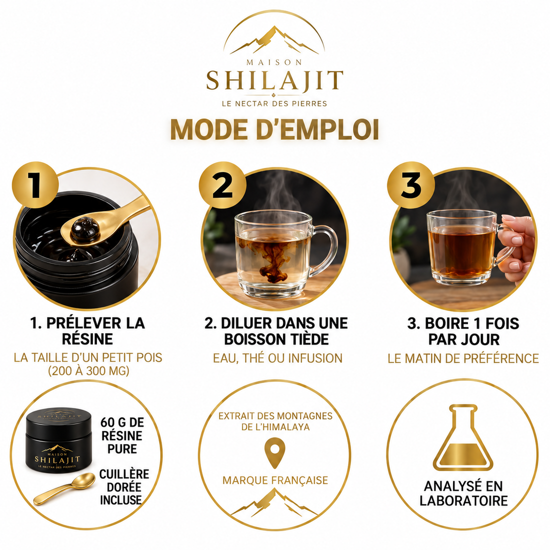 Mode d'emploi de la résine de Shilajit : 200 à 300 mg diluée dans une boisson tiède