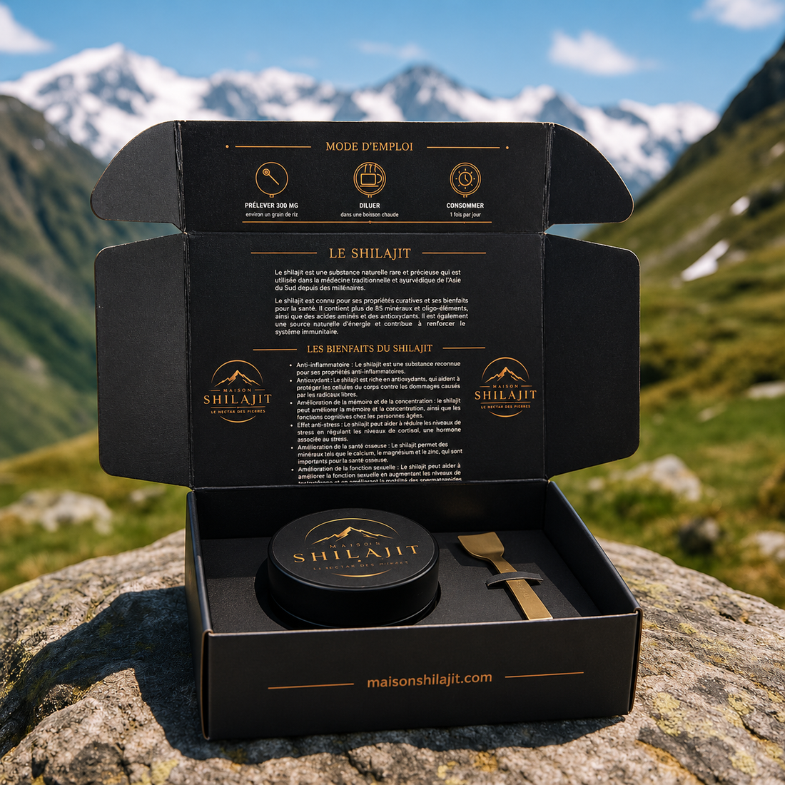 Coffret ouvert de résine de Shilajit – Maison Shilajit, format 60 g