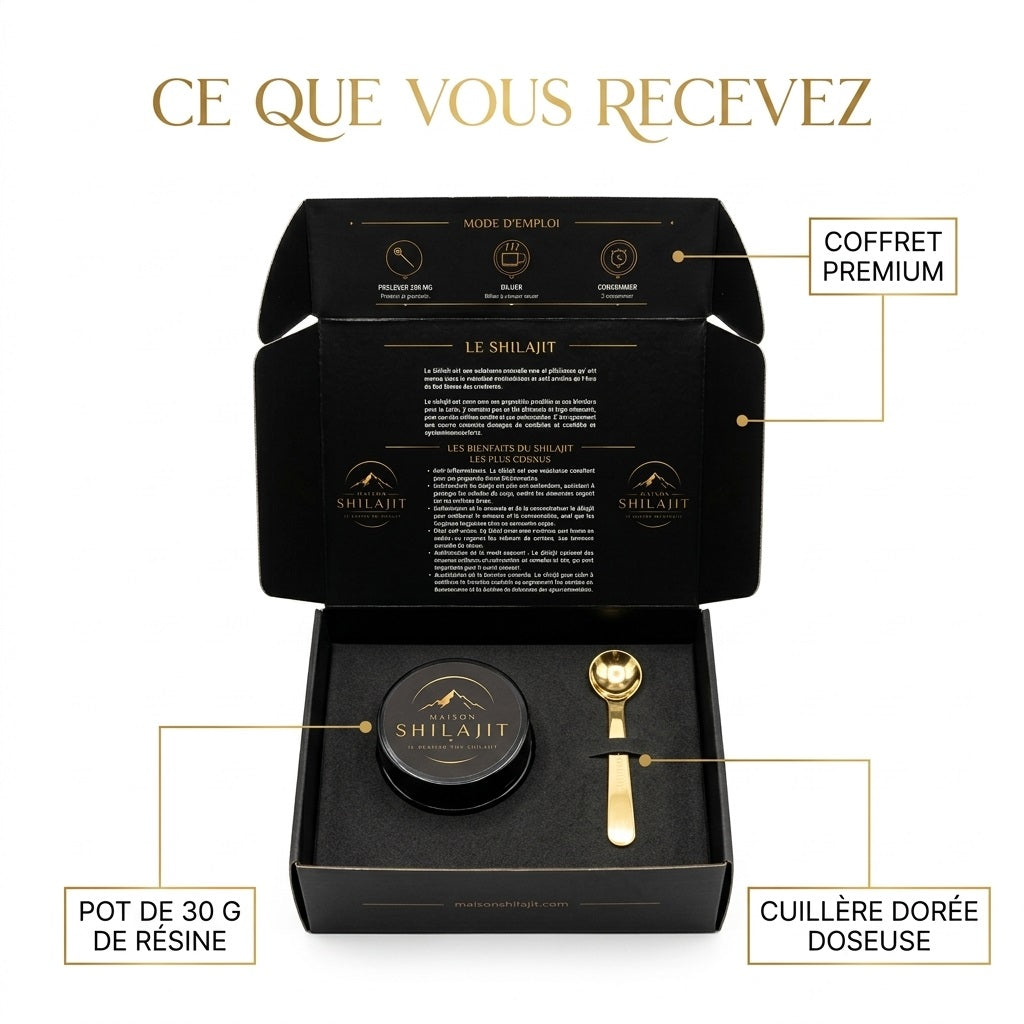 Coffret Maison Shilajit : pot de résine 30 g et cuillère doseuse dorée