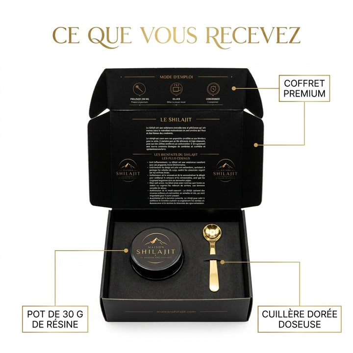 Coffret Maison Shilajit : pot de résine 30 g et cuillère doseuse dorée