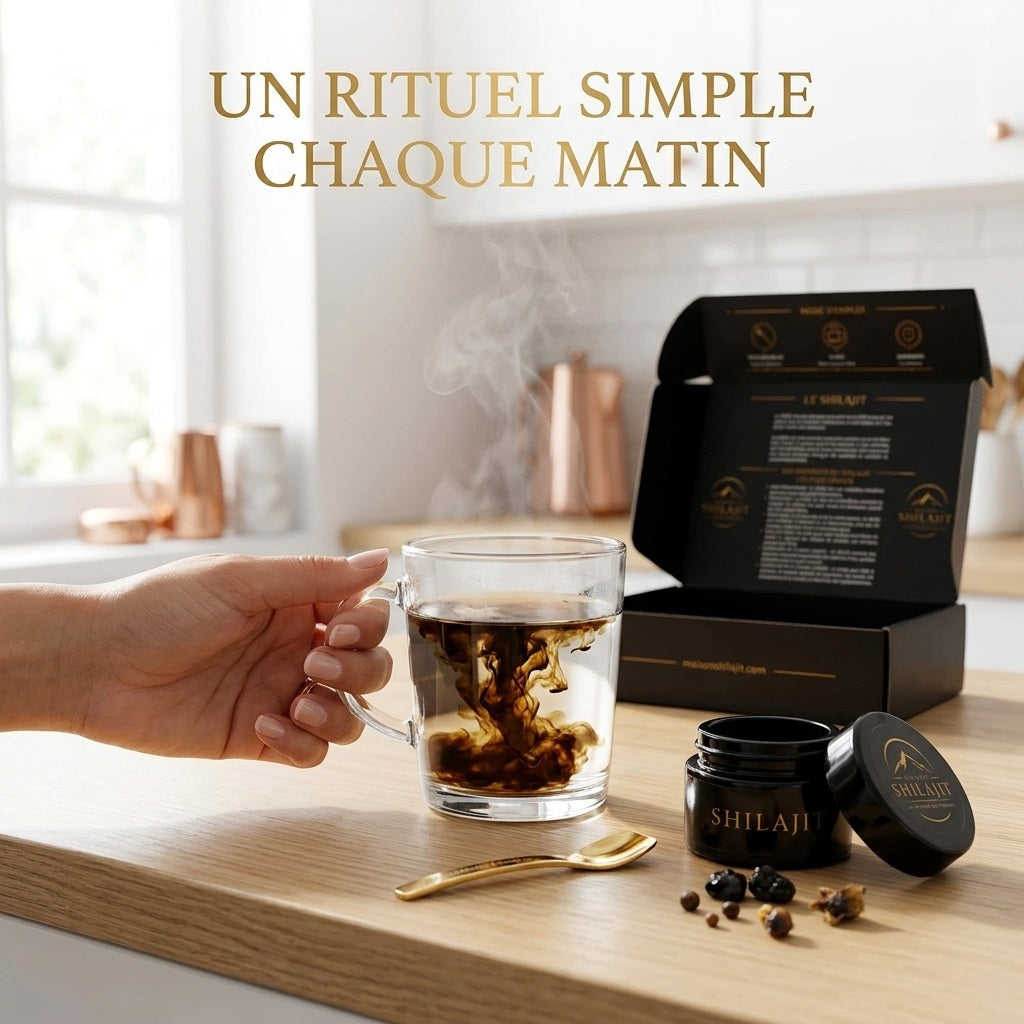 Résine de Shilajit Maison Shilajit diluée dans une boisson chaude